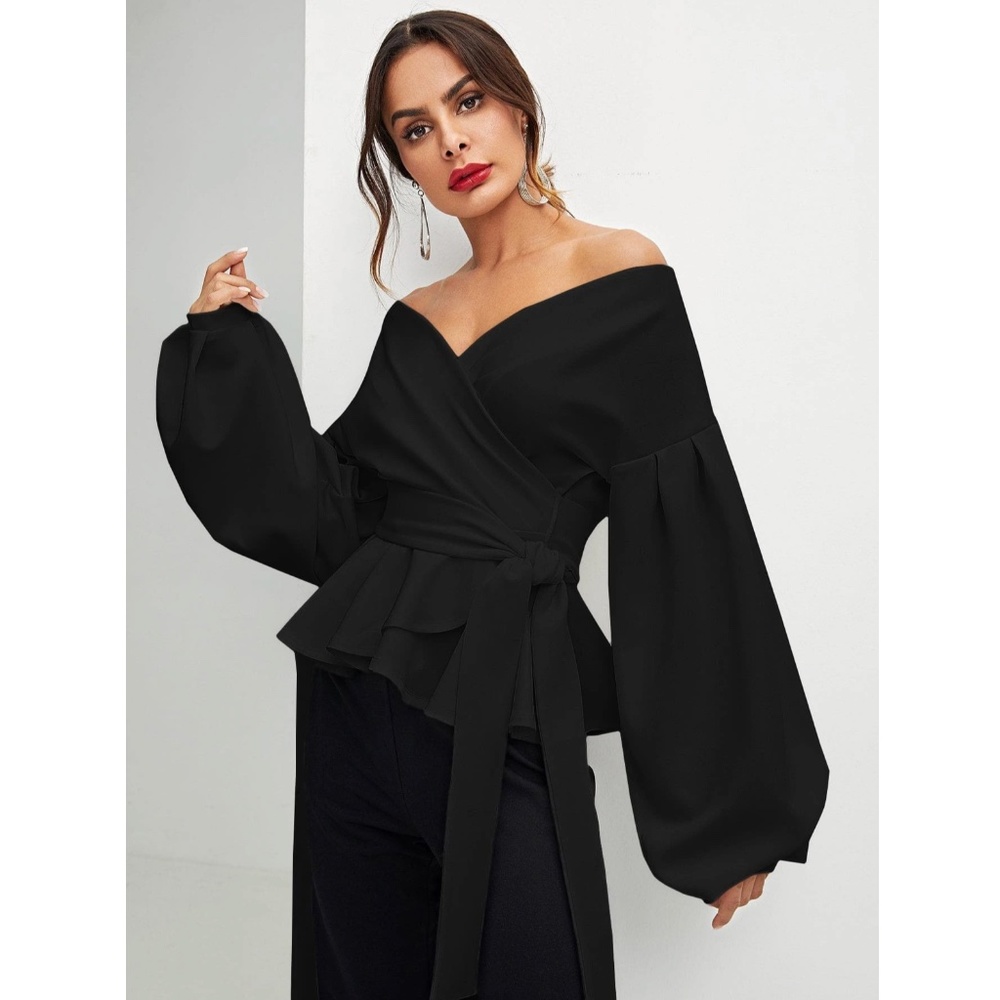 Bishop Sleeve Belt Ties Wrap Peplum Top Black V-Neck - Picture 9 of 13